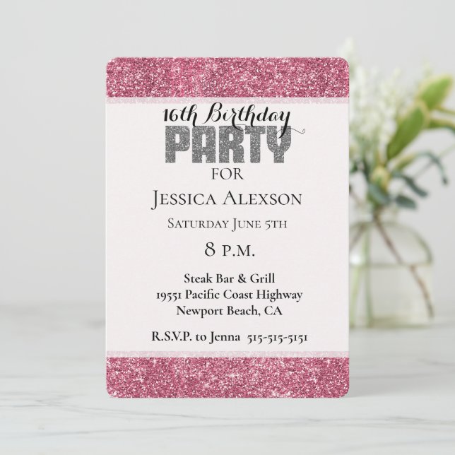 Invitation Fille Parties scintillant rose étincelle Anniversa (Debout devant)