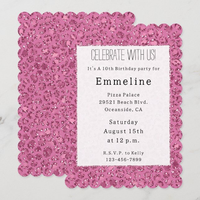 Invitation Fille Parties scintillant rose Poster de animal lé (Devant / Derrière)