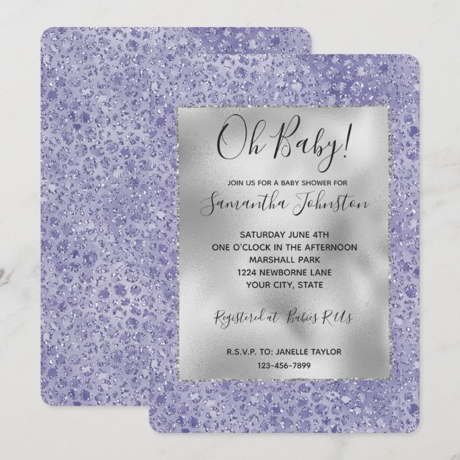 Invitation Fille Parties scintillant violet Empreinte de léop (Devant / Derrière)