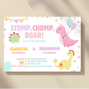 Invitation Fille Pastel Rose Dinosaure Anniversaire Conjoint