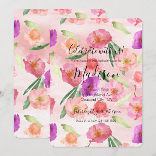 Invitation Fille Peach rose violet aquarelle Florale