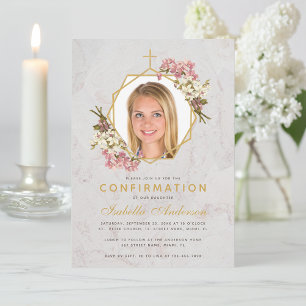 Invitation Fille Photo de confirmation Marbre doré Orchidées 
