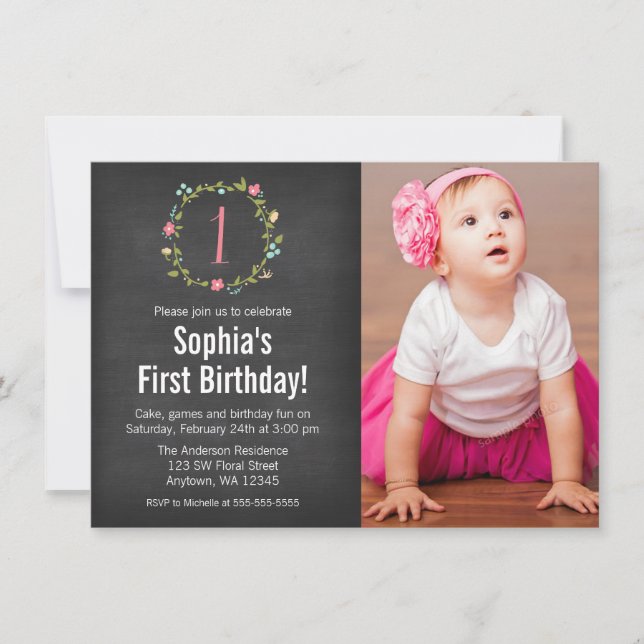 Invitation Fille photo tableau noir de couronnes florales 1er (Devant)