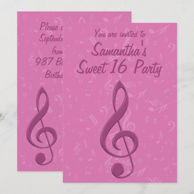 Invitation Fille Pink Clef et notes musicales Anniversaire (Devant / Derrière)