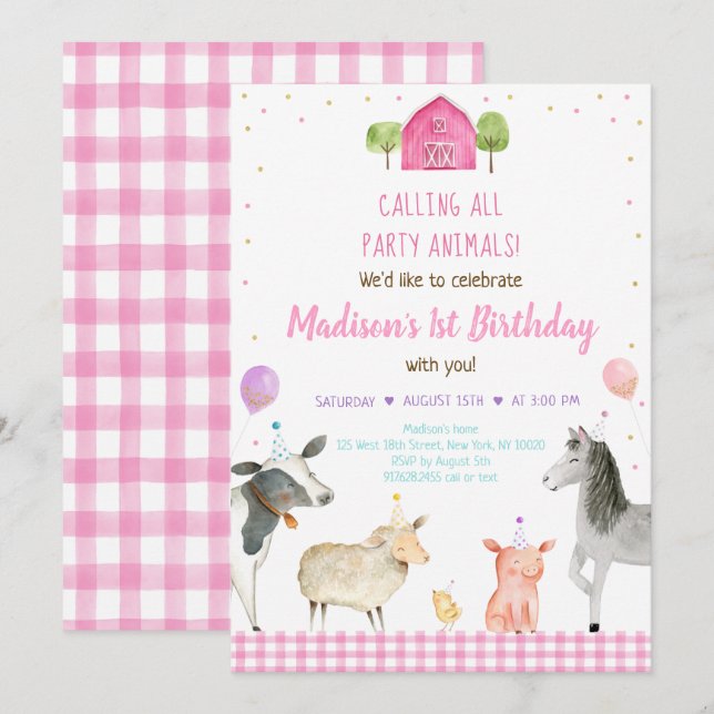 Invitation Fille Pink Farm Party Animal Anniversaire (Devant / Derrière)