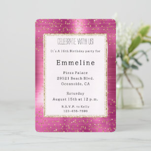 Invitation Fille Pink Glam Gold Sparkle Confetti Anniversaire