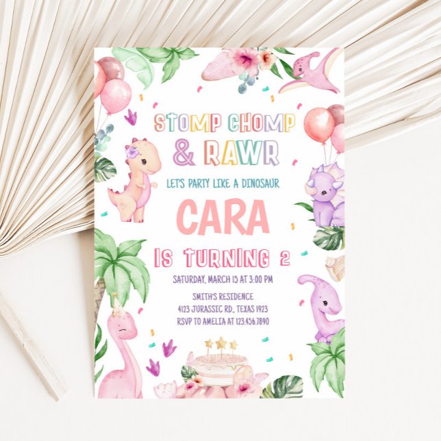 Invitation Fille Pink Safari Dinosaur fête d'anniversaire (Girl Pink Jungle Safari Dinosaur Birthday Party Invitation)