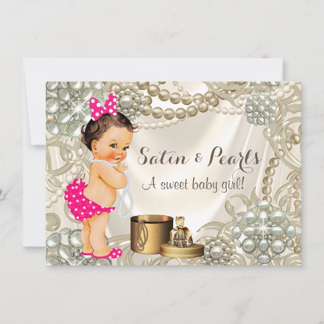 Invitation Fille Pink Satin Pearl Baby Girl Douche (Devant)