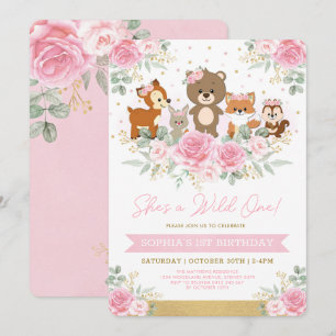Invitation Fille Pink Woodland Floral Wild Un premier anniver