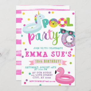 Invitation Fille Pool Party Unicorn Flamant rose Float Annive