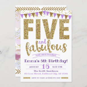Invitation Fille pourpre cinq et fabuleux 5e anniversaire