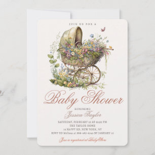 Invitation Fille poussette en osier florale Bain bébé rétro