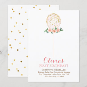 Invitation Fille Premier Anniversaire Aquarelle Or Balloon