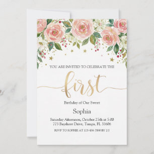 Invitation Fille premier anniversaire Fleur aquarelle rose