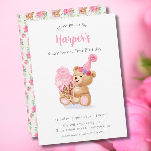 Invitation Fille premier anniversaire Teddy Bear Glace