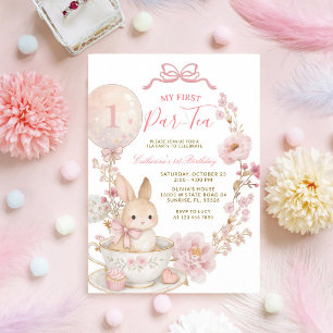Invitation Fille premier anniversaire thé party lapin rose