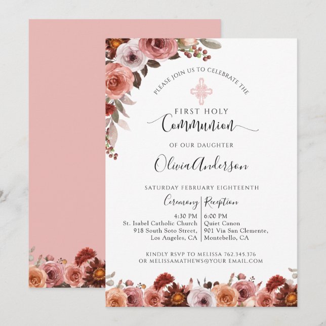 Invitation Fille Première Communion Blush rose Floral Invitat (Devant / Derrière)