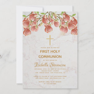 Invitation Fille Première Communion Floral rose marbre Magnol