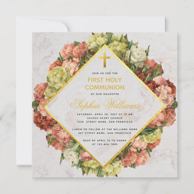 Invitation Fille première communion oeillets Gold Cross Flora (Devant)