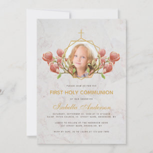 Invitation Fille Première Communion Photo Magnolia Rose Marbr