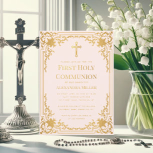 Invitation Fille première communion rose Faux or Vintage Orna