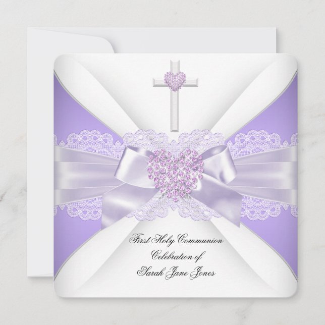 Invitation Fille Première Communion Sainte Lilac Coeur dentel (Devant)