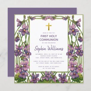 Invitation Fille Première Communion Violet vert violet Violet