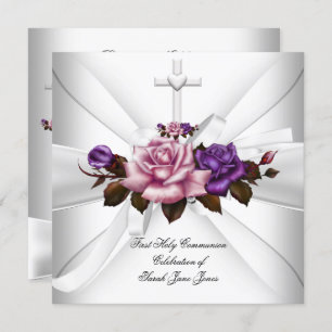 Invitation Fille Première Sainte Communion Blanc Argent Rose 