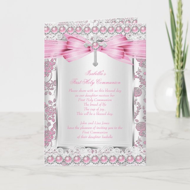 Invitation Fille première sainte communion Croix Damas rose a (Devant)