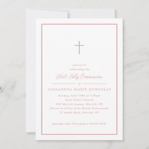 Invitation Fille Première Sainte Communion Croix rose Cadre s