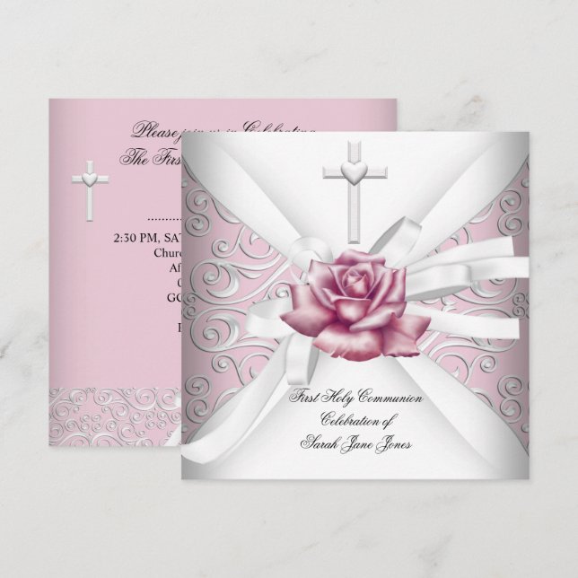 Invitation Fille Première Sainte Communion Damask Rose Rose R (Devant / Derrière)