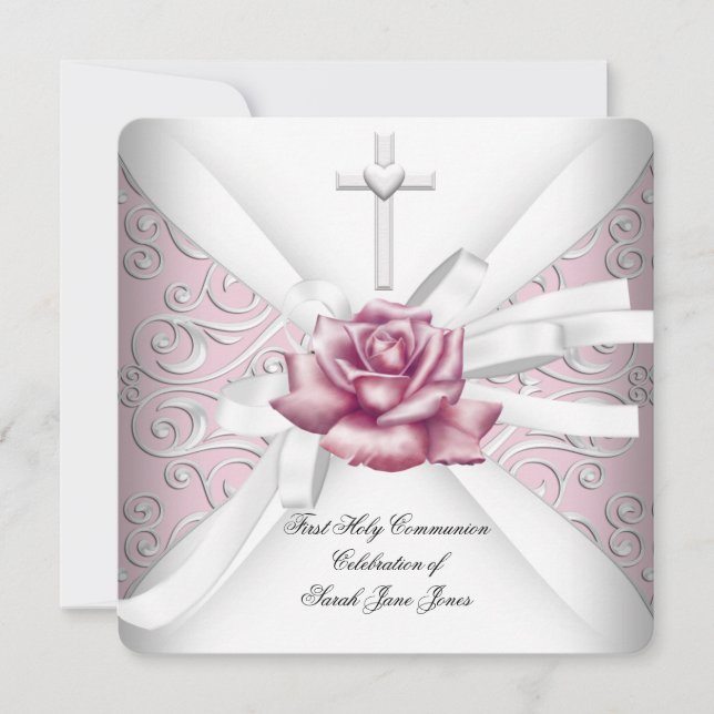 Invitation Fille Première Sainte Communion Damask Rose Rose R (Devant)