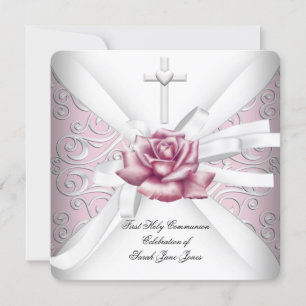 Invitation Fille Première Sainte Communion Damask Rose Rose R