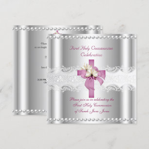 Invitation Fille Première Sainte Communion Dentelle Argent Pi