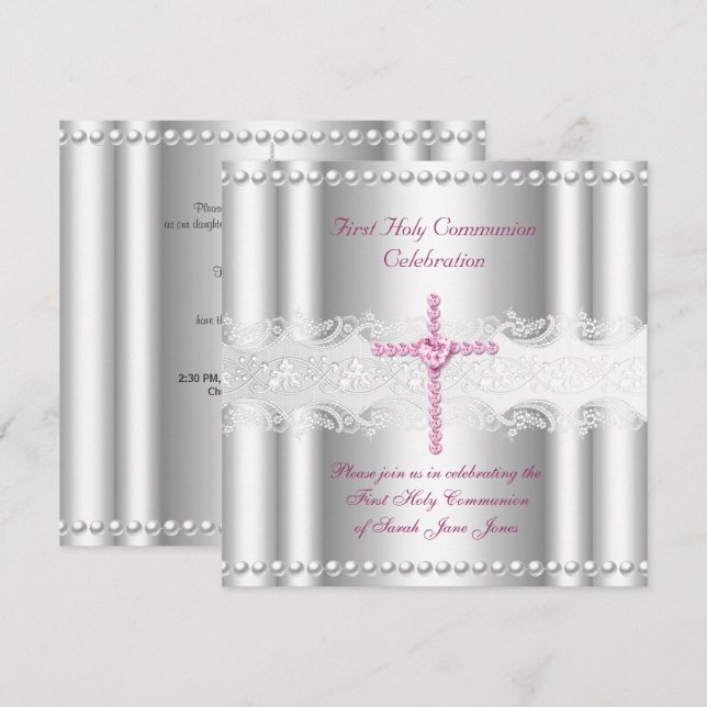 Invitation Fille Première Sainte Communion Dentelle Argent Pi (Devant / Derrière)