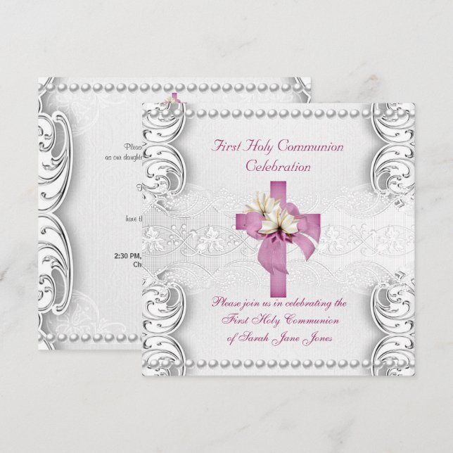 Invitation Fille Première Sainte Communion Dentelle Argent Pi (Devant / Derrière)