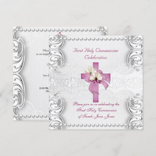 Invitation Fille Première Sainte Communion Dentelle Argent Pi