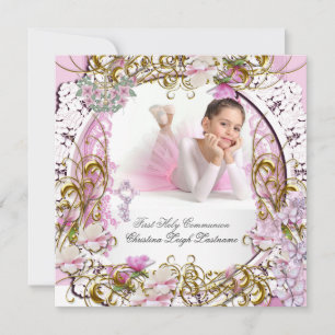 Invitation Fille première sainte Communion dentelle rose or p