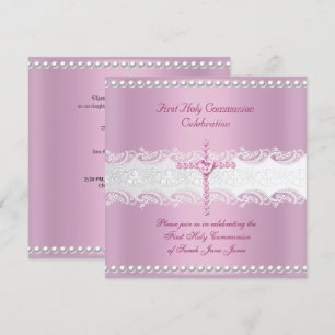 Invitation Fille Première Sainte Communion Dentelle rose Perl