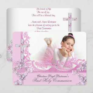 Invitation Fille première sainte communion jolie dentelle ros