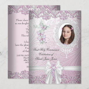 Invitation Fille première sainte communion jolie photo rose