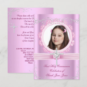 Invitation Fille première sainte communion jolie photo rose