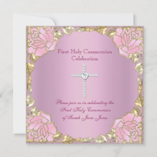 Invitation Fille première sainte communion Or rose argent cro