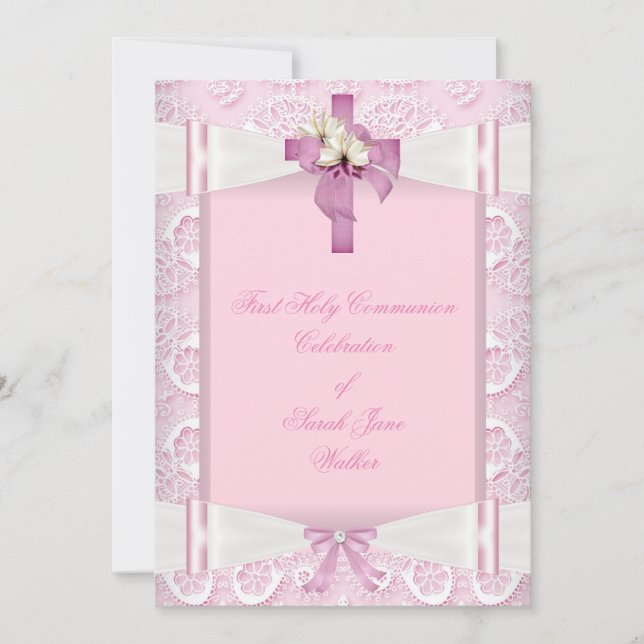 Invitation Fille Première Sainte Communion Pink Dentelle Bow  (Devant)