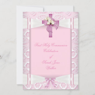 Invitation Fille Première Sainte Communion Pink Dentelle Bow