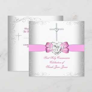Invitation Fille première sainte communion rose blanc