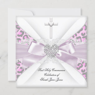 Invitation Fille première sainte communion rose blanc gris lé