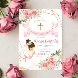 Invitation Fille priant or première communion florale rose