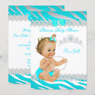 Invitation Fille Princesse Baby Shower Teal Zèbre Blonde