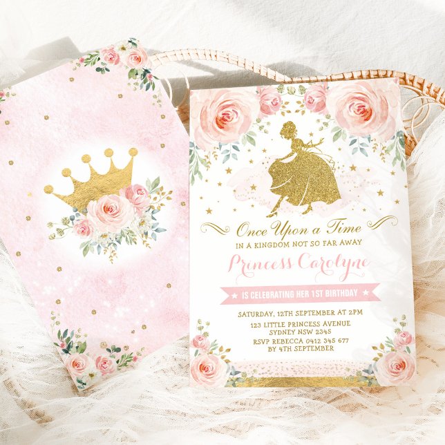 Invitation Fille princesse Blush Or rose Floral Anniversaire (Créateur téléchargé)
